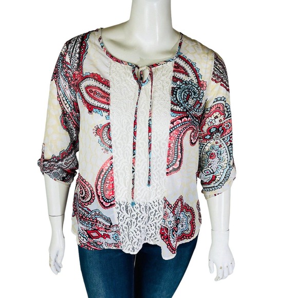 Multiples Tops - Multiples Womans Sz Large Red Paisley Neck 3/4‎ Sleeve Tie Neck